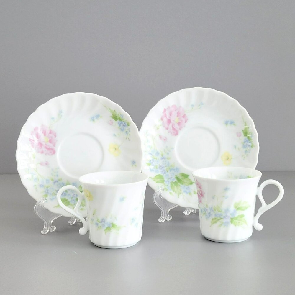 Vintage Shabby Chic Floral Swirl Teacups & Saucer, 2 Sets, Pink Blue Yellow